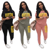 Plus Size Queen Letter Print Short Sleeve 2 Piece Set LSD-8806