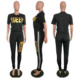 Plus Size Queen Letter Print Short Sleeve 2 Piece Set LSD-8806
