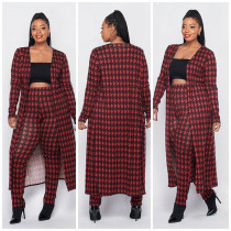 Plus Size Houndstooth Print Long Cloak+Pants 2 Piece Sets XMY-9293