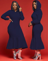 Solid Hooded Long Sleeve Mermaid Midi Dress FOSF-8034