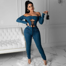 Sexy Denim Lace Up Jeans Jumpsuits LA-3246