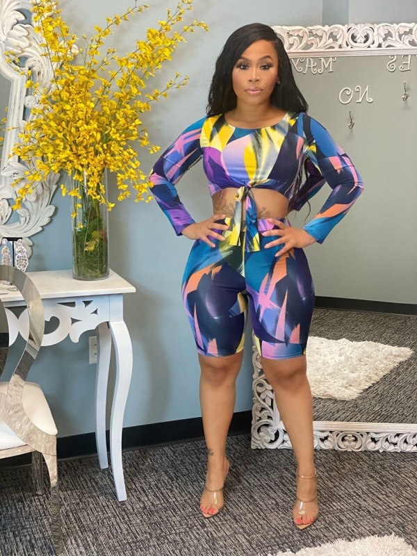 Sexy Printed Long Sleeve Two Piece Short Sets WSM-5224