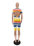 Colorful Striped Backless Short Sleeve Rompers WSM-5223