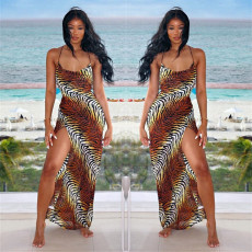 Sexy Tiger Striped High Split Slip Maxi Dress LSL-6412
