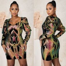 Sexy Sequin Long Sleeve Zipper Nightclub Party Dress LX-6050