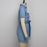 Casual Denim Short Sleeve Sashes Jeans Rompers SMR-9715