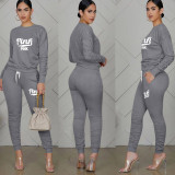 Pink Letter Print Long Sleeve Ruched Pants 2 Piece Sets TE-4196
