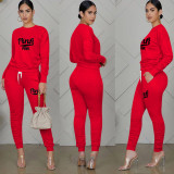 Pink Letter Print Long Sleeve Ruched Pants 2 Piece Sets TE-4196