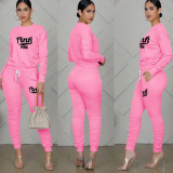 Pink Letter Print Long Sleeve Ruched Pants 2 Piece Sets TE-4196