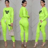 Pink Letter Print Long Sleeve Ruched Pants 2 Piece Sets TE-4196