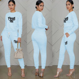 Pink Letter Print Long Sleeve Ruched Pants 2 Piece Sets TE-4196