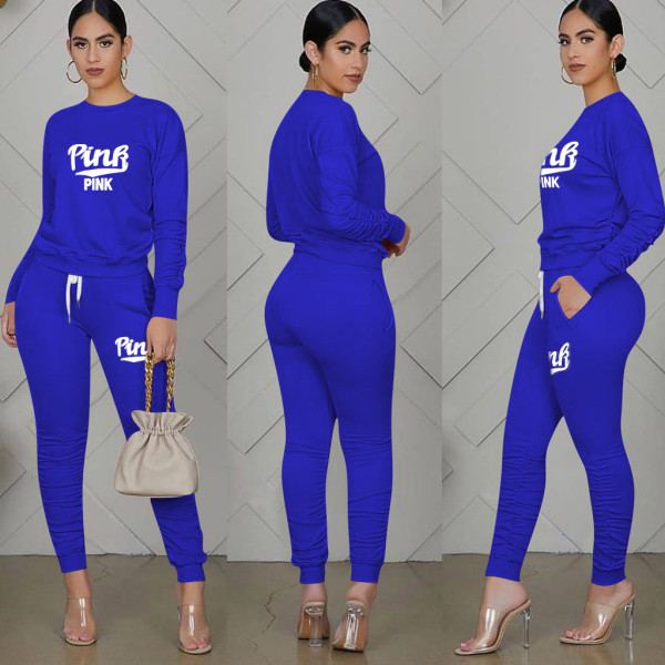 Pink Letter Print Long Sleeve Ruched Pants 2 Piece Sets TE-4196