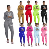 Pink Letter Print Long Sleeve Ruched Pants 2 Piece Sets TE-4196
