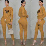 Pink Letter Print Long Sleeve Ruched Pants 2 Piece Sets TE-4196
