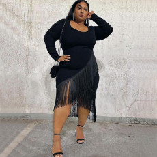  Plus Size Black Long Sleeve Tassel Sexy Nightclub Dress NNWF-7057