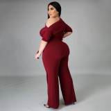 Plus Size Fashion Solid Color Oblique Shoulder Wide-leg Jumpsuit NNWF-7052