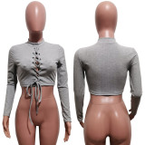 Sexy Ribbed Lace Up Long Sleeve Crop Tops LSD-9091