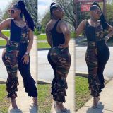 Camo Print Patchwork Sleeveless Ruffled Jumpsuits LSD-8732