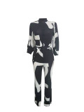Plus Size Printed Long Sleeve Sashes Jumpsuits LSD-8615