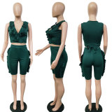 Plus Size Solid Ruffled Sleeveless Two Piece Shorts Set LSD-8111
