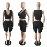 Plus Size Solid Ruffled Sleeveless Two Piece Shorts Set LSD-8111