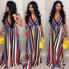 Rainbow Striped V Neck Maxi Dress LSD-8133