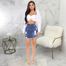 Sexy Denim Ripped High Waist Mini Skirt HSF-2414