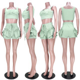 Solid Tank Top Ruffled Shorts Two Piece Sets ASL-6353