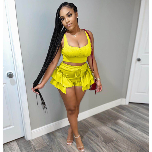 Solid Tank Top Ruffled Shorts Two Piece Sets ASL-6353