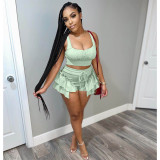 Solid Tank Top Ruffled Shorts Two Piece Sets ASL-6353