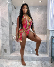 Sexy Floral Print Deep V One-Piece Swimsuit MDF-5214