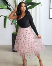 Polka Dot Print Mesh Long Skirt OMY-0007