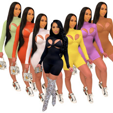 Sexy Solid Long Sleeve Hollow Tight Romper With Bra OSM-4326