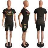 Plus Size Letter Print T Shirt Shorts Two Piece Sets HMS-5249