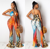 Sexy Printed Halter Backless Flare Jumpsuits LSL-6416