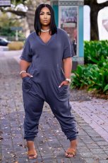Plus Size Solid V Neck Short Sleeve  Loose Jumpsuits BDF-8059