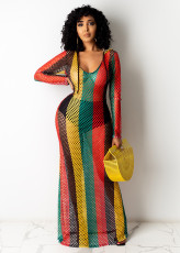 Colorful Striped Gird Hollow Out Long Club Dress TE-4224