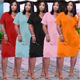 Plus Size Loose Solid Color V-neck Casual Pockets Midi Dress TK-6153