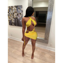 Solid Halter Crop Top Mini Skirt Two Piece Sets LUO-3156