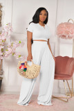 Casual Solid Color Short Sleeve Wide Leg Pants Two Piece Sets FOSF-8059