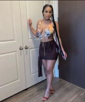Sexy Printed Lace Up Tank Top Mini Skirt 2 Piece Sets MOF-6612