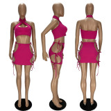 Sexy Hollow Lace Up Halter Crop Top Mini Skirt 2 Piece Sets XYF-9090