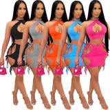Sexy Hollow Lace Up Halter Crop Top Mini Skirt 2 Piece Sets XYF-9090