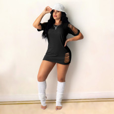 Plus Size Solid Short Sleeve Hollow Mini Dress DDF-8088