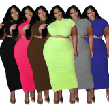Plus Size Solid Short Sleeve Long Skirt 2 Piece Sets MOF-6616