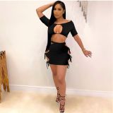Sexy Lace Up Hollow Out Two Piece Skirt Sets YIBF-6055