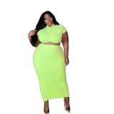 Plus Size Solid Short Sleeve Long Skirt 2 Piece Sets MOF-6616