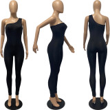 Solid One Shoulder Sleeveless Skinny Jumpsuits FSL-130