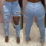 Plus Size Fashion Ripped Hole Slim-fit Jeans  LSL-6423