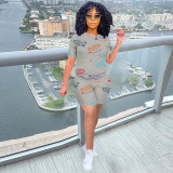 Letter Print Casual Two Piece Shorts Set OMY-0013